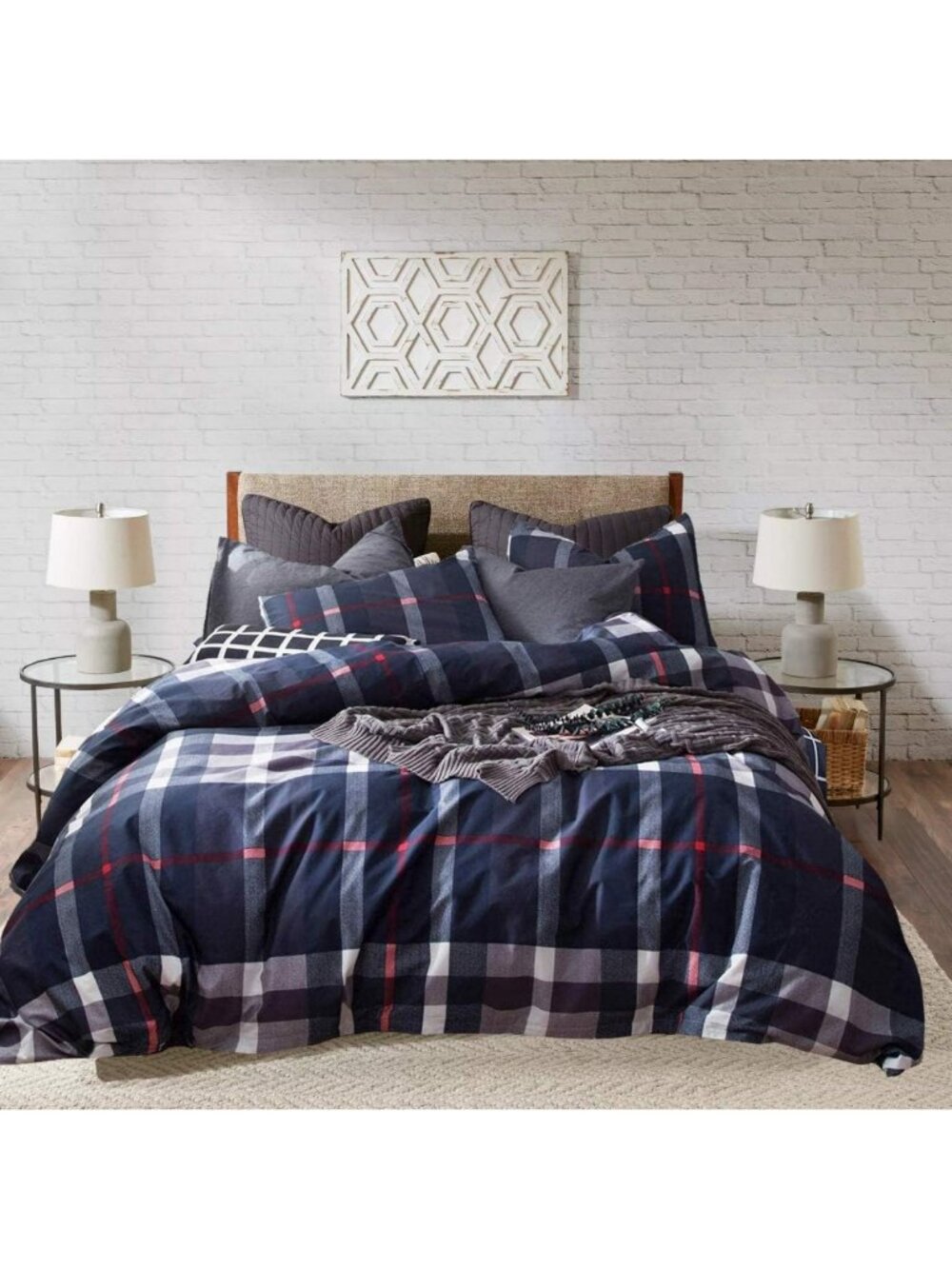 Navy Blue Plaid Comforter Set Queen | Checkered Bedding & Soft Blanket for
